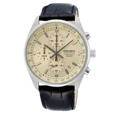 Seiko Men's Watch Chronograph with Leather Strap Black Chrono SSB383P1