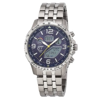 ETT Eco Tech Time Funk-Solar Herrenuhr Professional Worldtimer Titan/Blau EGT-11575-31M