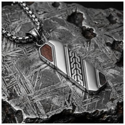 Holzkern Jewelry Men's Necklace Stainless Steel Outlands Koa Wood & Meteorite
